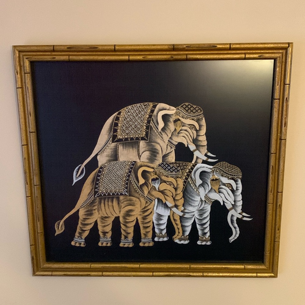 VTG MCM Oriental style hand painted ornate elephants on black silk framed art
